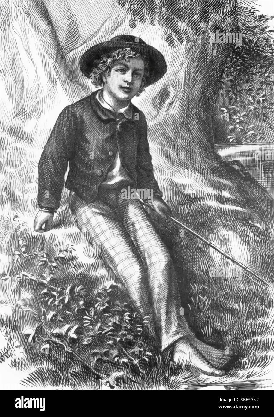 Tom Sawyer. Illustration de True Williams tirée du frontispice des aventures de Tom Sawyer par Mark Twain (1ère éd., 1876) : [Tom Sawyer Fishing] Banque D'Images