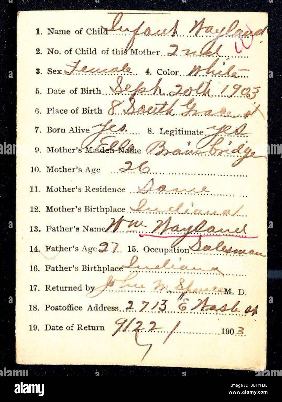 Déclarations de naissance déposées par des médecins et des sages-femmes dans le comté de Marion, Indiana entre 1882 et 1907. Ces documents ont été soumis au Département de la santé pour la délivrance des certificats de naissance. Si l'enregistrement des naissances était obligatoire en 1882, il n'était obligatoire qu'en 1907. Les déclarations de naissance sont classées par ordre alphabétique par nom de famille, bien que certains documents aient été mal classés en raison d'une mauvaise écriture ou de fautes d'orthographe. Banque D'Images