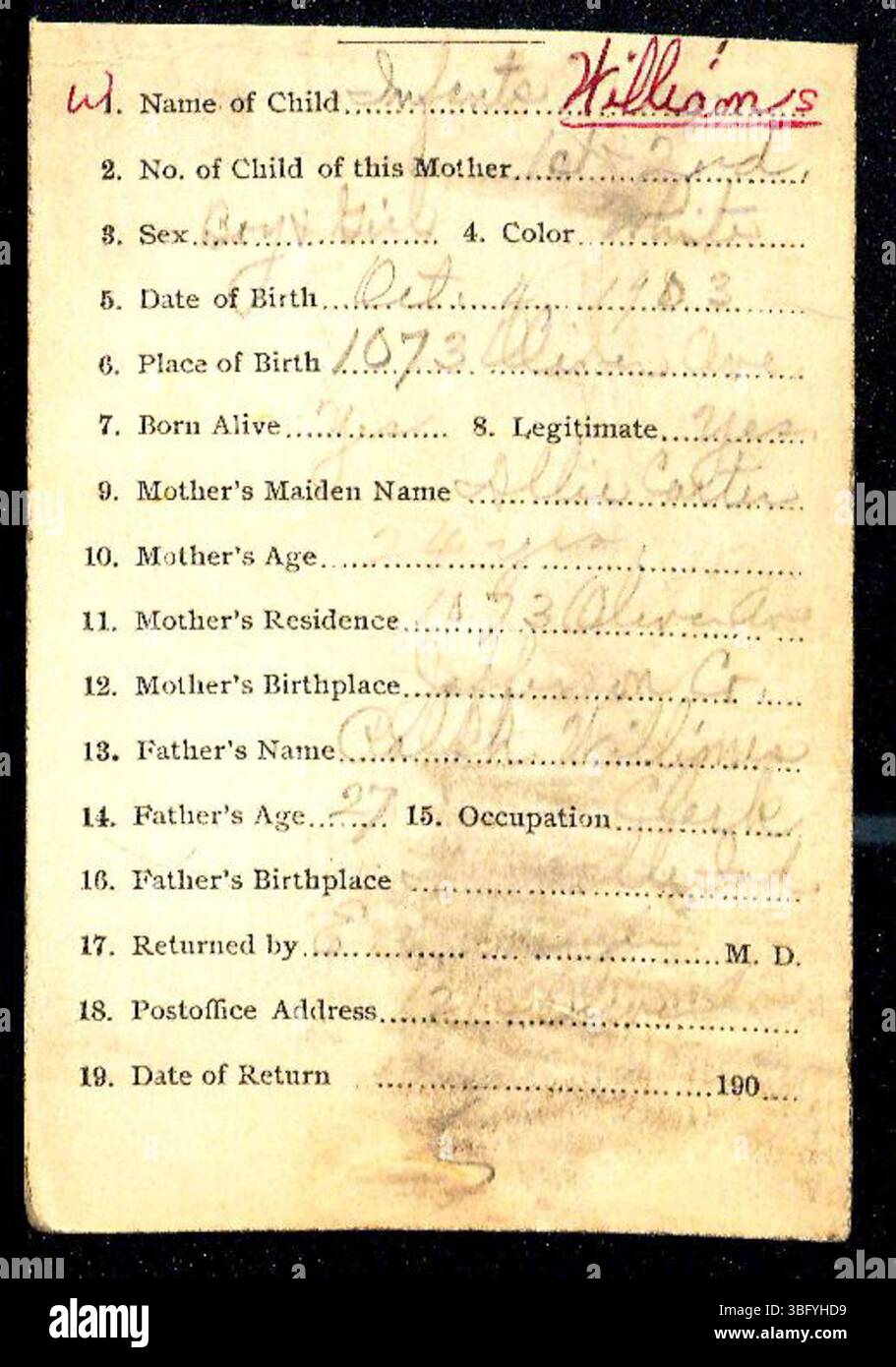Comté de Marion, Indiana déclarations de naissance, noms de famille W, entre 1882 et 1907, déposées par les médecins et les sages-femmes. Le Département de la santé délivre des certificats de naissance après avoir reçu les déclarations. L'inscription n'était obligatoire qu'en 1907, ce qui la rendait facultative pour les familles. Les dossiers sont classés par ordre alphabétique par nom de famille, bien que certains puissent être mal classés en raison d'erreurs d'écriture ou de différences d'orthographe. Banque D'Images