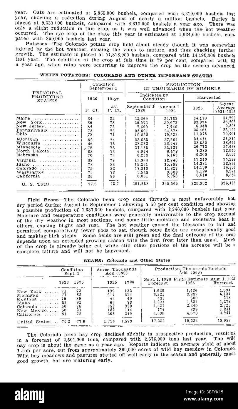 Cette page du rapport sur les récoltes de septembre 1926 pour le Colorado, compilée par le Bureau of Agricultural Economics du Département de l'Agriculture des États-Unis, présente des données statistiques sur les cultures et le bétail en coopération avec le Colorado State Board of Immigration. Banque D'Images