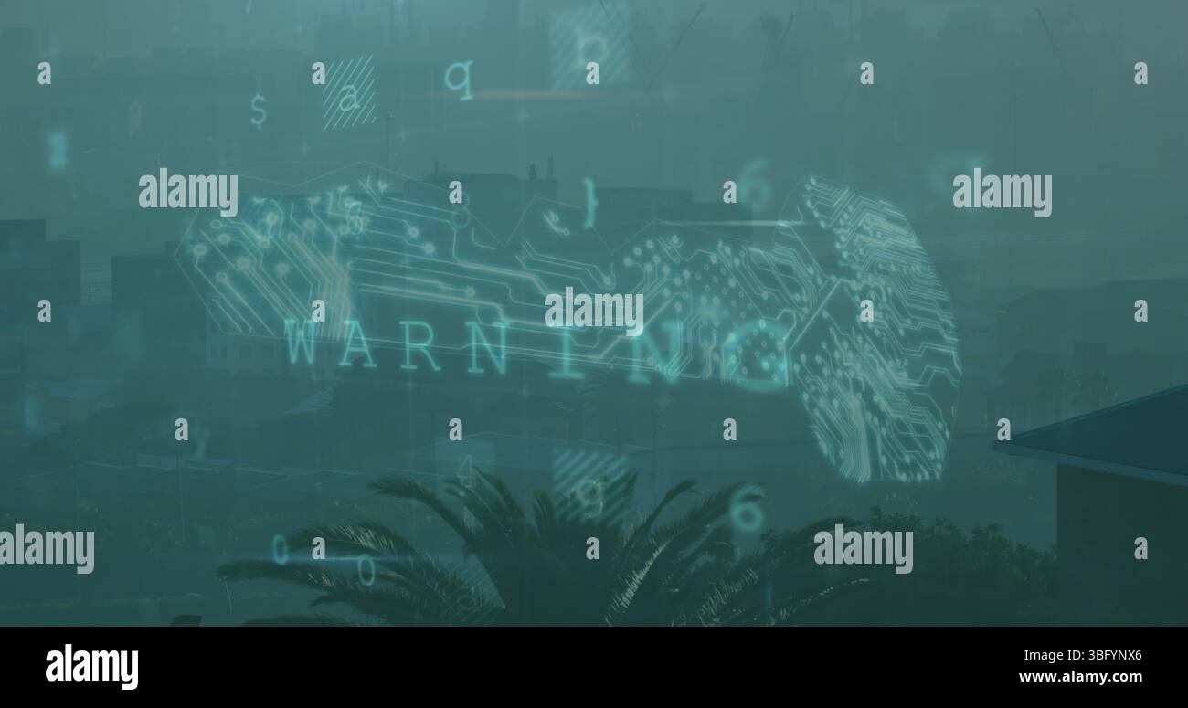 Image de la clé numérique, de la numérisation et des chiffres au-dessus du paysage urbain Banque D'Images