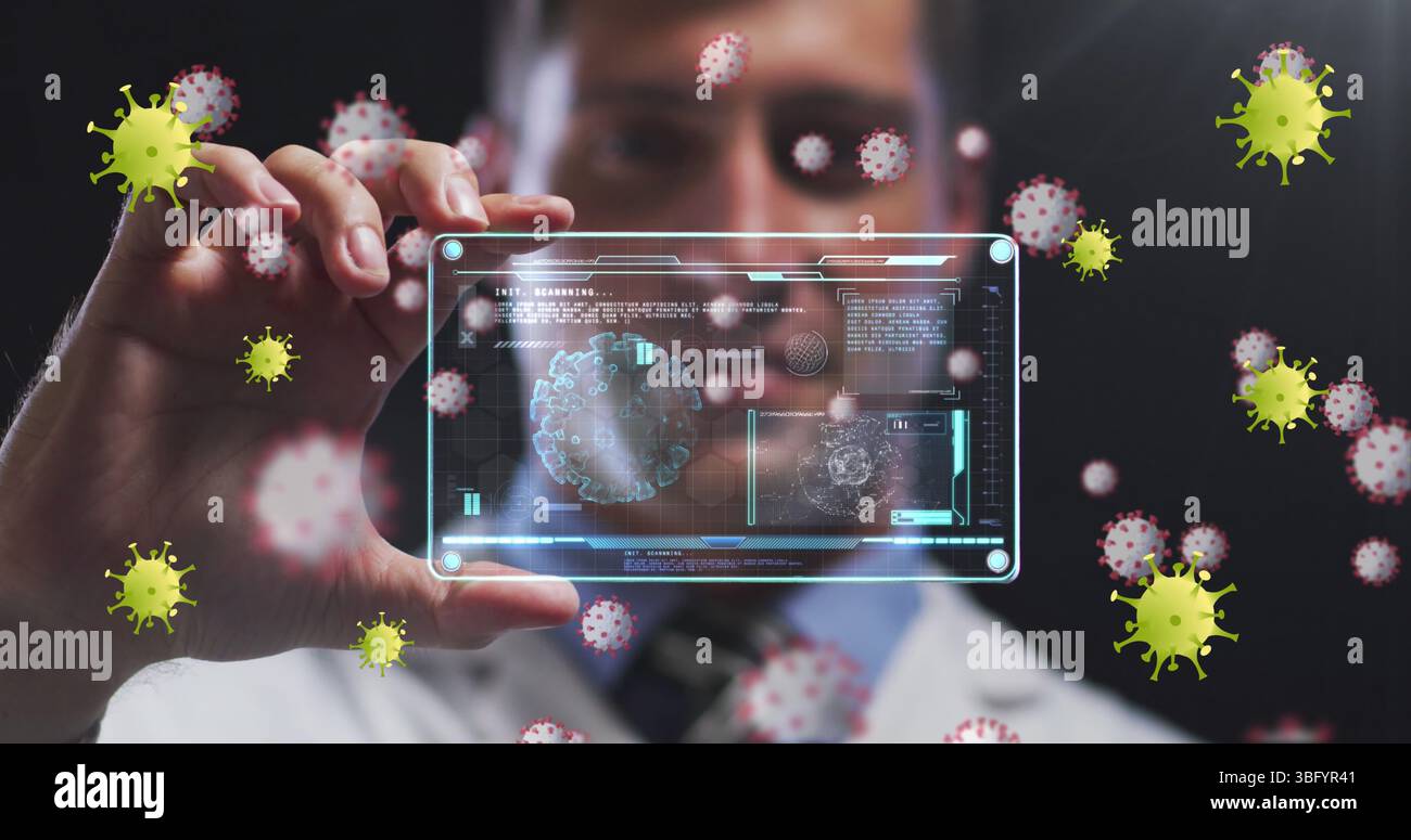 Image de cellules jaunes de virus sur un médecin masculin caucasien avec carte numérique avec des données de virus Banque D'Images Image de cellules jaunes de virus sur un médecin masculin caucasien avec carte numérique avec des données de virus Banque D'Images