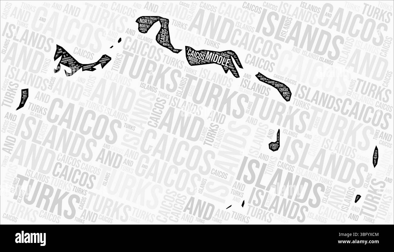 Les régions des îles Turques et Caïques cartographient le nuage de mots. Noms des régions des îles Turques et Caïques. Conception de carte en noir et blanc. Belle illustration vectorielle. Illustration de Vecteur