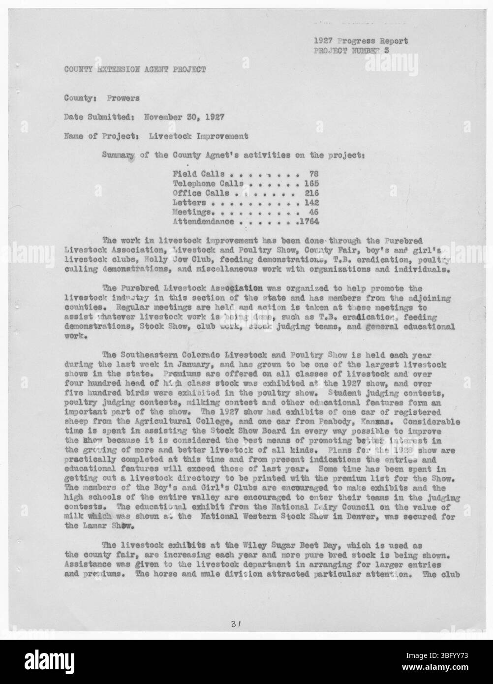 La page 65 du rapport de vulgarisation du comté de Prowers de 1927 met l'accent sur le rôle de F. R. Lamb dans la direction des programmes de sensibilisation agricole et le soutien aux agriculteurs locaux et aux membres de la collectivité. Banque D'Images