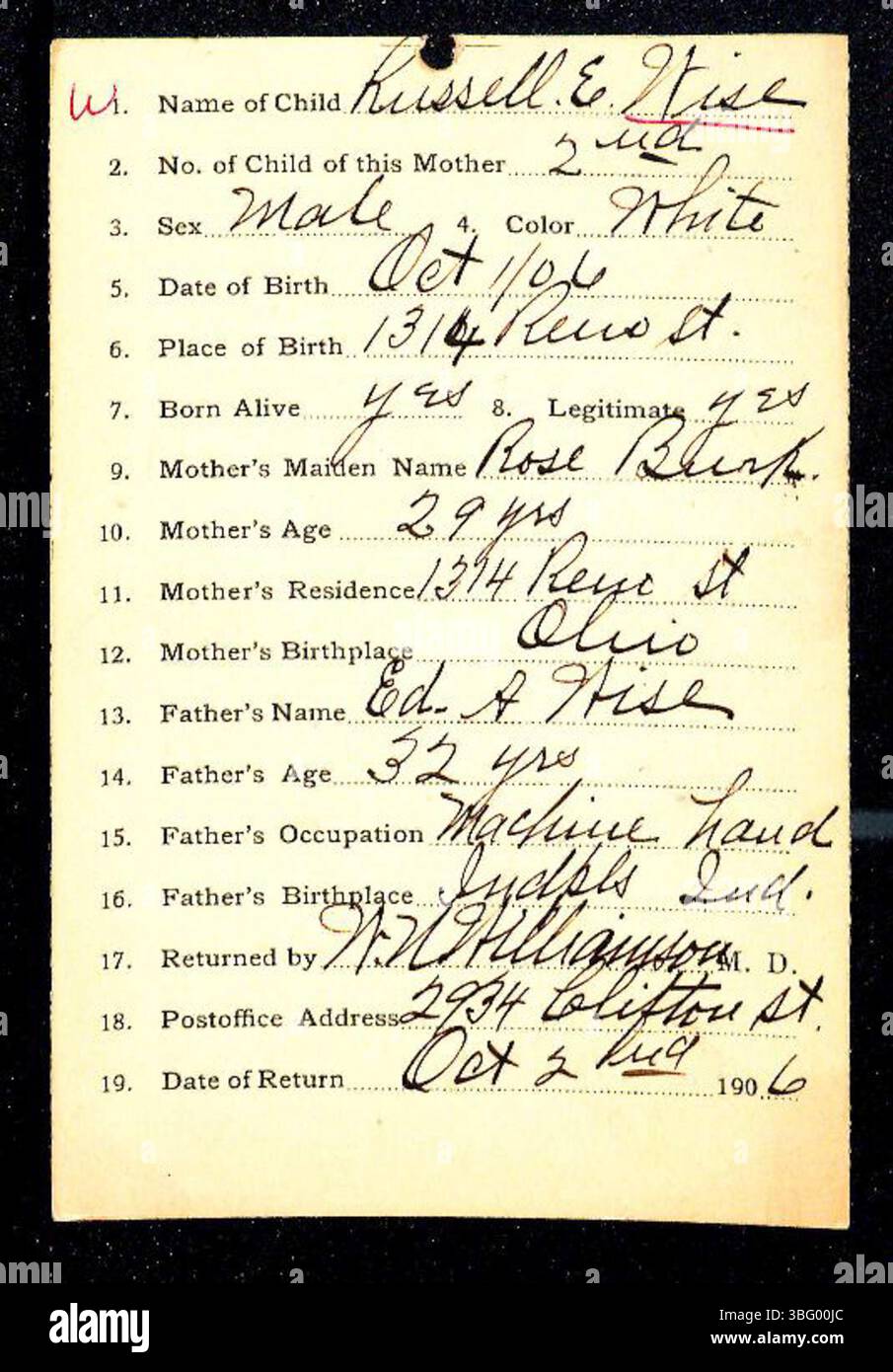 Déclarations de naissance pour le comté de Marion, Indiana, déposées par les médecins et les sages-femmes entre 1882 et 1907. Ces dossiers ont été utilisés pour délivrer des certificats de naissance dès réception par le Département de la santé. Les registres de naissance étaient facultatifs jusqu'en 1907. Les déclarations sont énumérées par ordre alphabétique par nom de famille, bien que certains documents puissent être mal produits en raison de l'écriture illisible. Des copies certifiées conformes des certificats de naissance peuvent être obtenues auprès du département de santé du comté de Marion. Banque D'Images