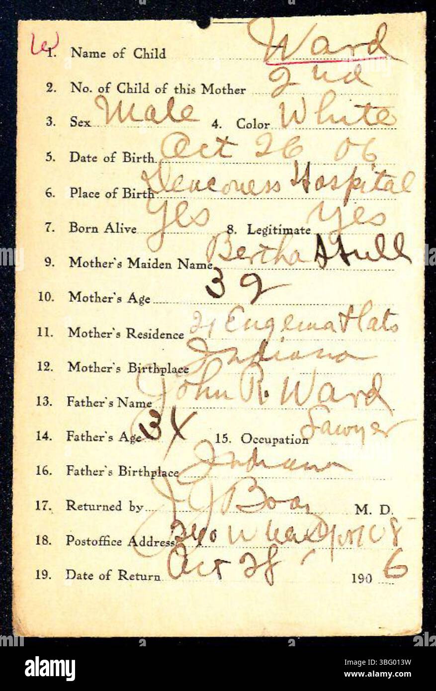 Les déclarations de naissance pour le comté de Marion, Indiana de 1882-1907 ont été déposées par des sages-femmes et des médecins auprès du département de santé du comté de Marion. Ces déclarations sont triées par ordre alphabétique par nom de famille, bien que certains documents puissent être mal produits en raison d'une écriture illisible. Des copies des certificats de naissance sont disponibles auprès du Département de la santé. Banque D'Images