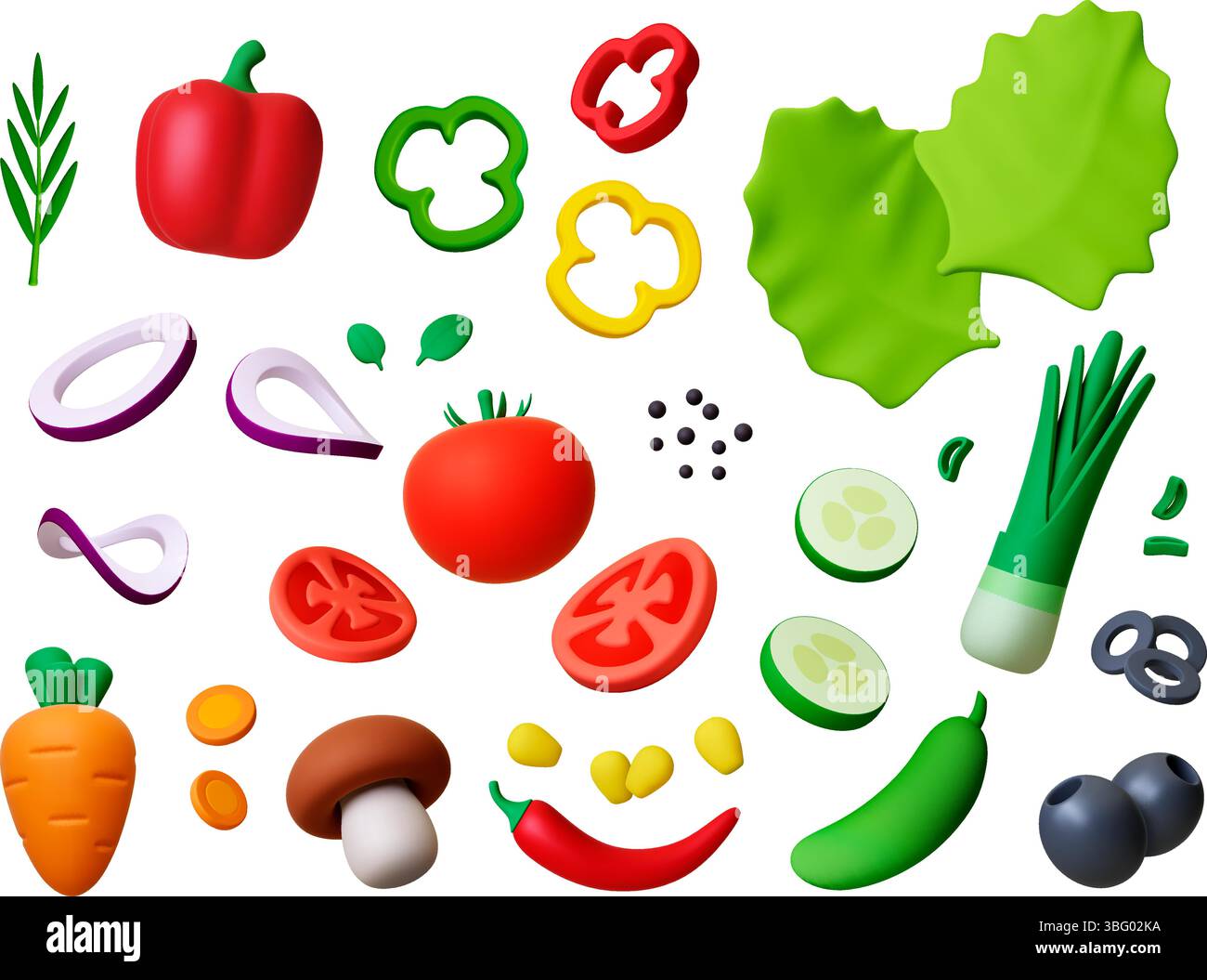 Légumes frais 3d. Salade isolée, tomates, concombre, carotte, cloche et piments forts, oignon, olives. Plein et tranches de légumes, réaliste Illustration de Vecteur