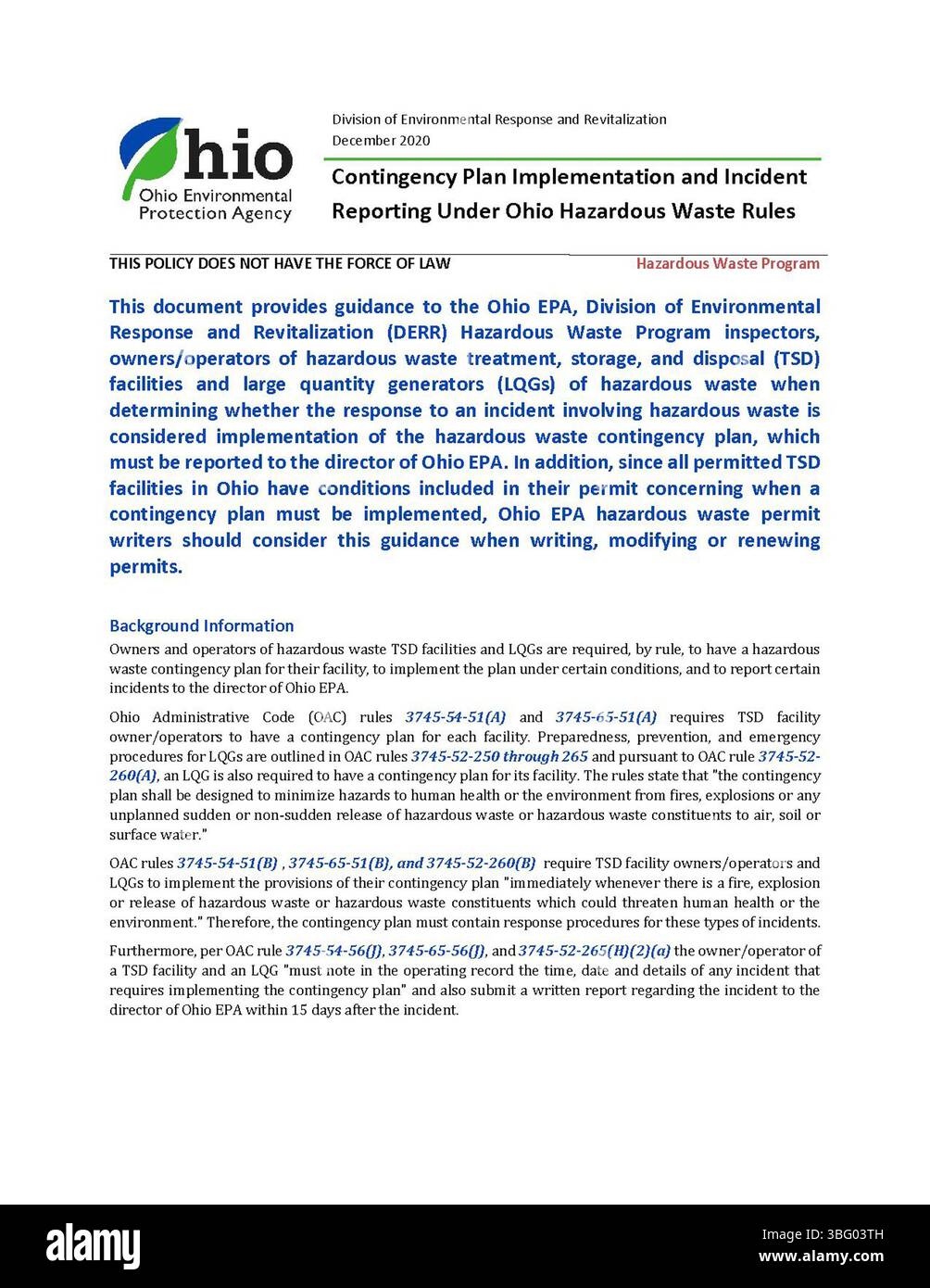Ce document traite de la mise en œuvre de plans d'urgence et de rapports d'incidents en vertu des règles de l'Ohio relatives aux déchets dangereux. Il fournit des conseils sur la façon dont les entreprises doivent se préparer à des situations d'urgence potentielles et signaler les incidents liés aux déchets dangereux conformément aux réglementations nationales. Publié en décembre 2020. Banque D'Images