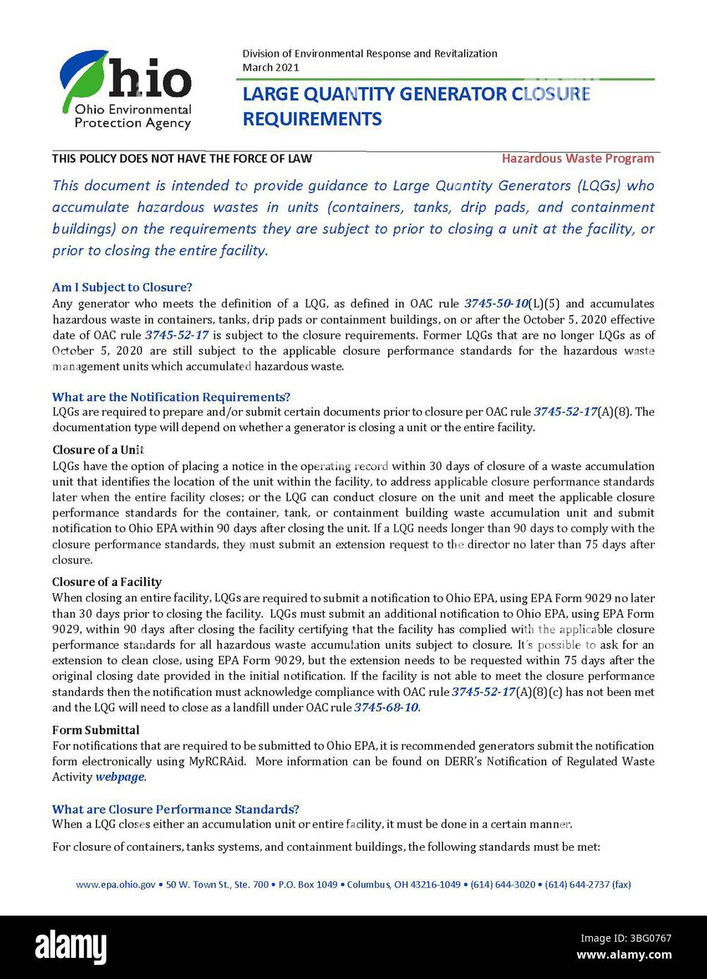 Le présent document décrit les exigences de fermeture pour les générateurs de grandes quantités, telles que précisées à la section 2021. Il fournit des directives pour la fermeture appropriée des installations traitant des quantités importantes de déchets dangereux, en veillant au respect des réglementations environnementales et des normes de sécurité. Banque D'Images