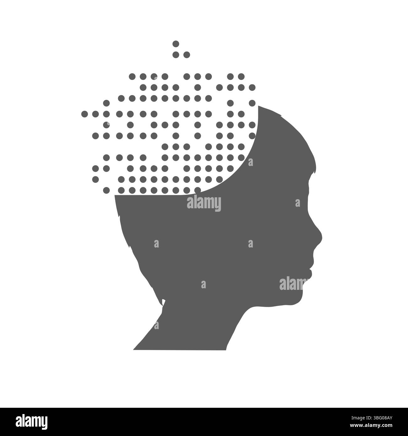 Garçon, profil de visage d'enfant avec des pixels dans sa tête. Concept d'intellect émotionnel, dépendance numérique, détox. Illustration de Vecteur