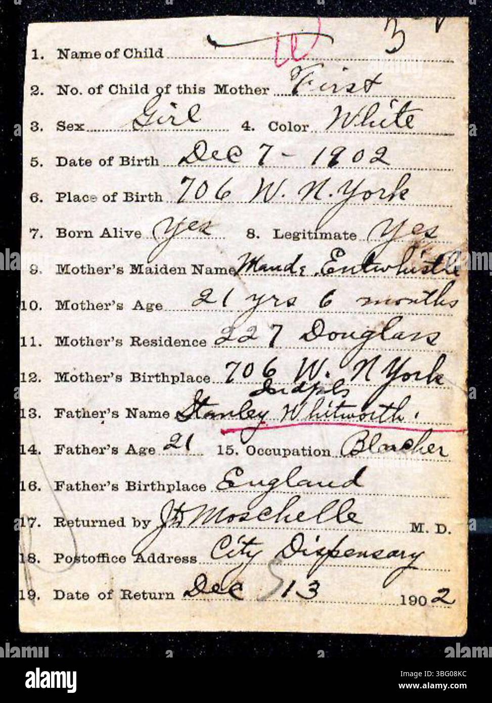 Déposées entre 1882 et 1907, ces déclarations de naissance ont été enregistrées par les médecins et les sages-femmes et traitées par le Département de la santé du comté de Marion. L'enregistrement des naissances était facultatif jusqu'en 1907. Les enregistrements sont organisés par ordre alphabétique, mais peuvent contenir des entrées mal classées en raison de fautes d'écriture ou d'orthographe. Les certificats de naissance peuvent être demandés au Département de la santé. Banque D'Images