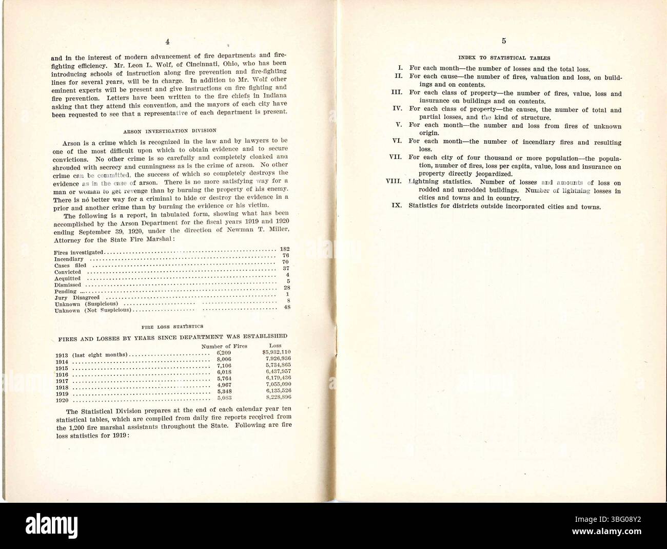 Le rapport annuel de 1919-1920 du commissaire des incendies de l'État de l'Indiana au gouverneur comprend des rapports sur les statistiques de prévention et de sécurité incendie, des données financières et des annexes. Il met en lumière les initiatives du Ministère et les progrès réalisés pour assurer la sécurité incendie du public. Banque D'Images