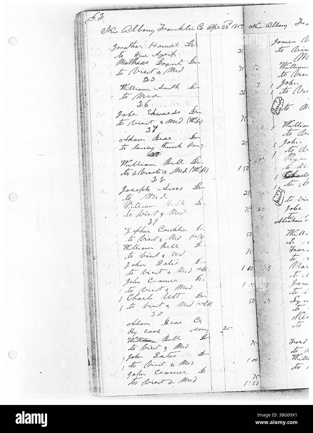 Cette entrée dans le livre de jour du Dr Sylvester William Ranney, datant de 1859, souligne son rôle en tant que médecin de premier plan dans le centre de l’Ohio. Dr Ranney, diplômé du Starling Medical College, a documenté ses interactions avec des patients dans plusieurs comtés de l'Ohio, y compris Franklin, Delaware et Licking. Sa pratique est particulièrement remarquable pour son service pendant la guerre de Sécession. Banque D'Images