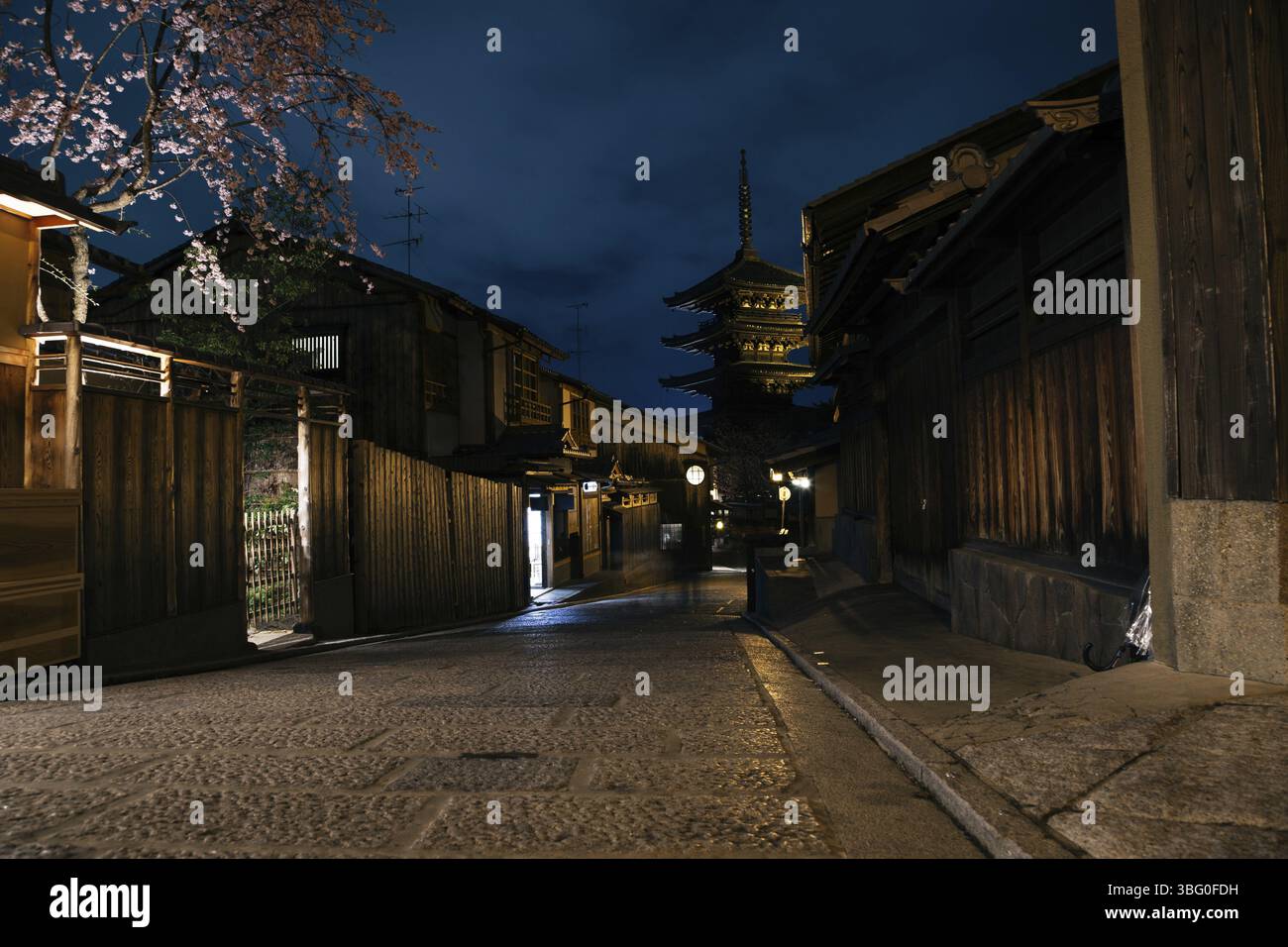 Vue nocturne de la Pagode Yasaka et de la rue Sannen Zaka à Kyoto, Japon, Asie Banque D'Images