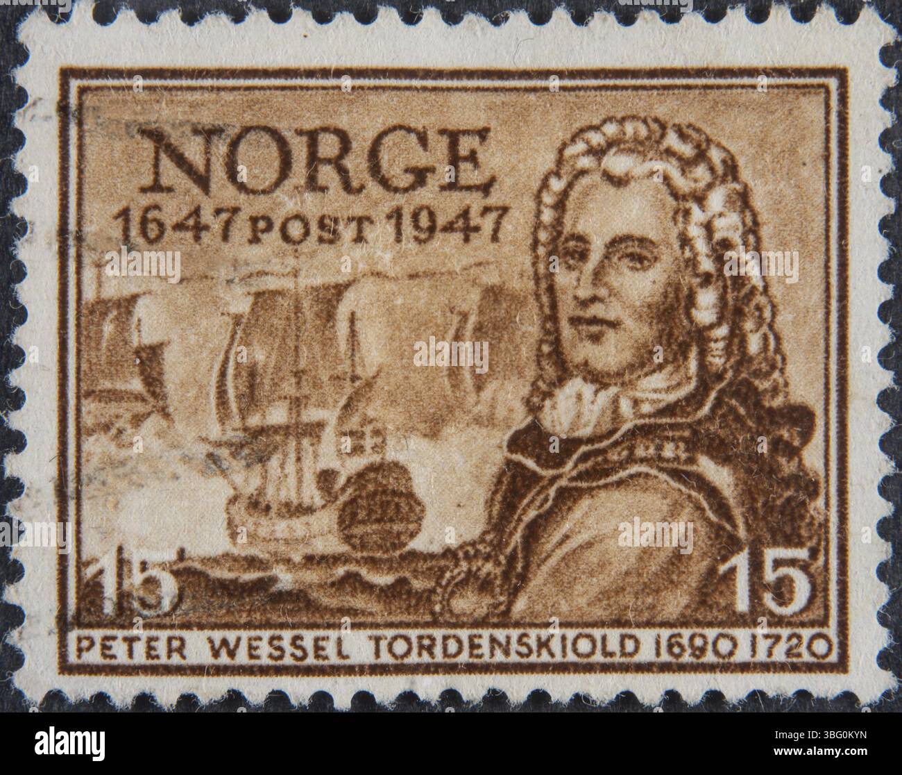 Peter Tordenskjold (1690, 1720), officier norvégien de la marine royale danoise. Portrait sur timbre norvégien Banque D'Images