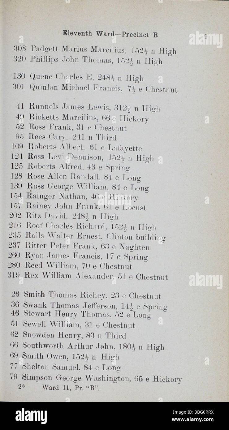 Ce registre électoral de 1894 de Columbus, Ohio, énumère les électeurs inscrits les 11, 16, 26 et 27 octobre. Il est organisé par quartier, district et nom de famille pour la documentation électorale. Banque D'Images