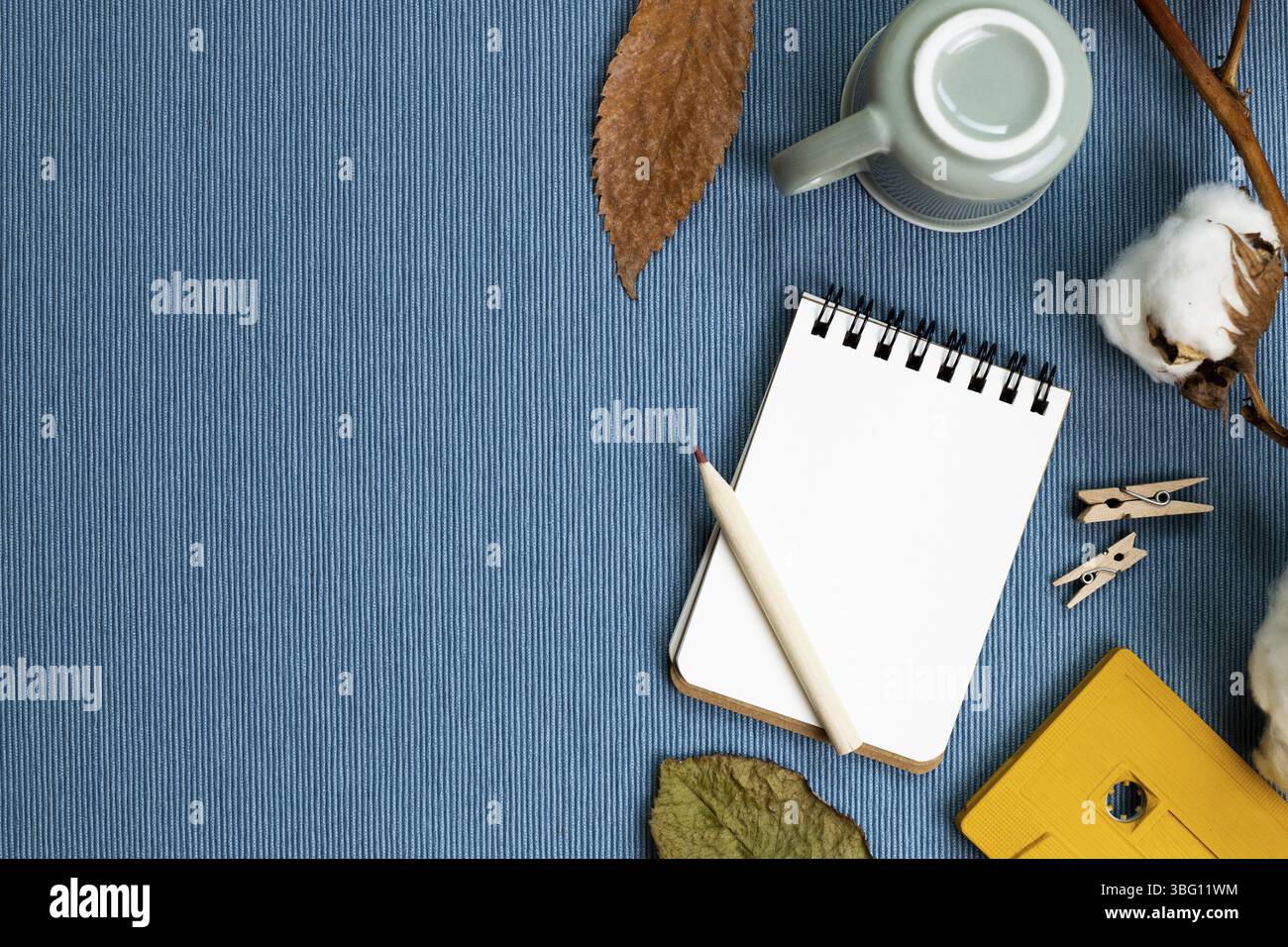 Lieu de travail et d'étude. Concept d'hiver. Carnet et crayon, tasse à café, plante sèche sur fond de tissu bleu. pose à plat, vue du dessus, espace de copie Banque D'Images
