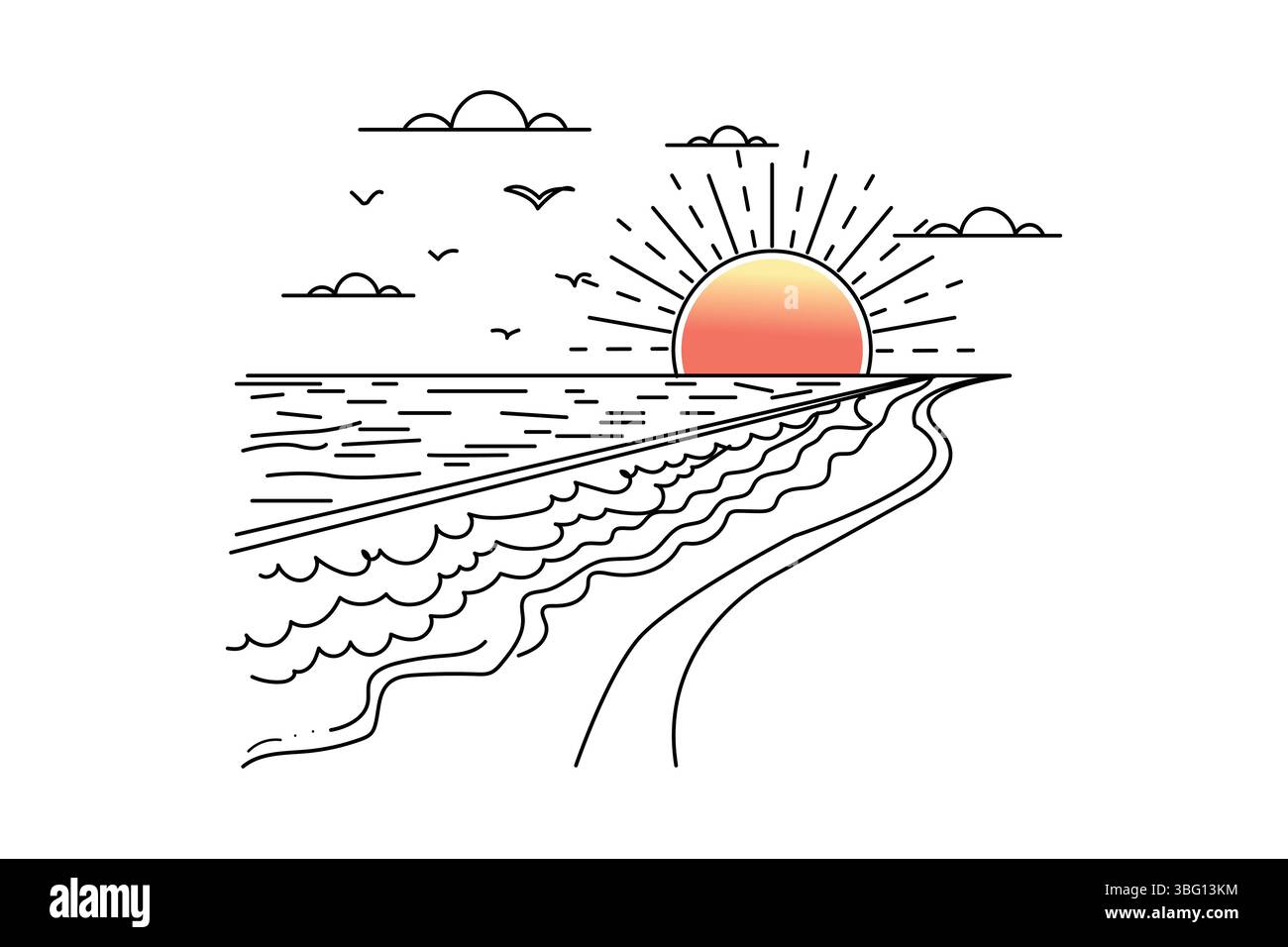 Coucher de soleil continu dessin d'une ligne de beau paysage Illustration de Vecteur