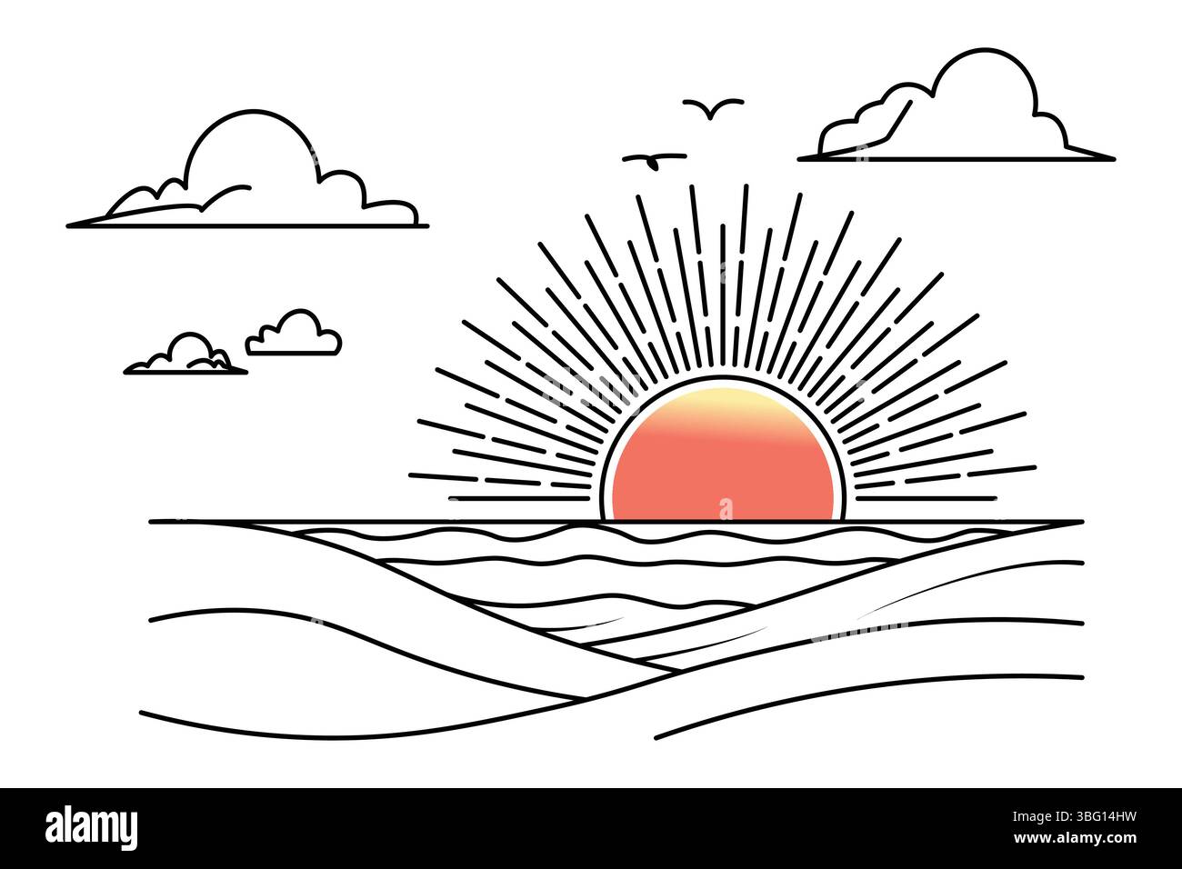 Coucher de soleil continu dessin d'une ligne de beau paysage Illustration de Vecteur