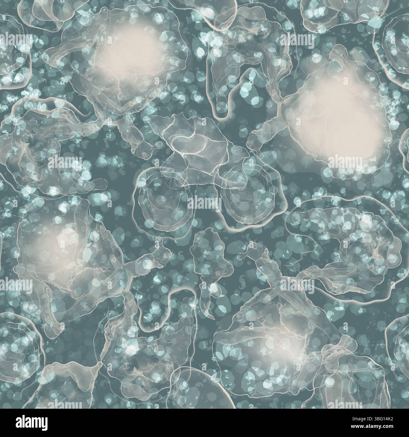Motif fluide géométrique abstrait sans couture avec des taches, des éclaboussures et des formes sur un fond vert Banque D'Images Motif fluide géométrique abstrait sans couture avec des taches, des éclaboussures et des formes sur un fond vert Banque D'Images