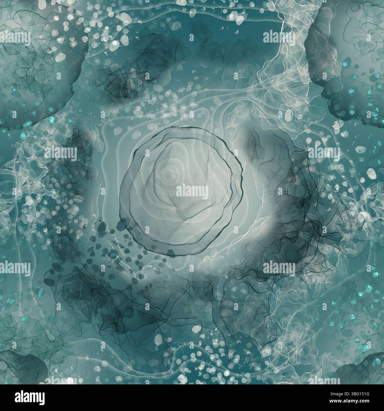 Motif géométrique abstrait sans couture avec des taches et des formes fluides et des éclaboussures sur un fond dégradé turquoise Banque D'Images Motif géométrique abstrait sans couture avec des taches et des formes fluides et des éclaboussures sur un fond dégradé turquoise Banque D'Images