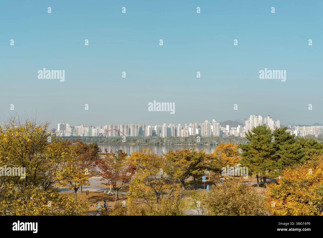 Parc Yeouido Hangang, feuilles d'automne et vue sur la ville de Séoul, Corée Banque D'Images