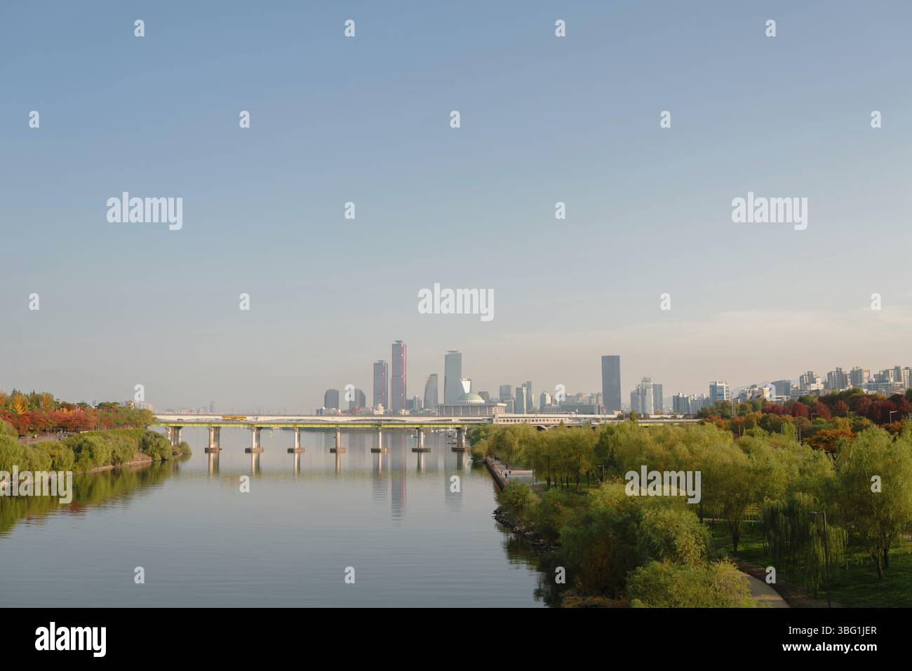 Vue sur la ville de Yeouido et parc de la rivière Yanghwa Han à l'automne à Séoul, en Corée Banque D'Images