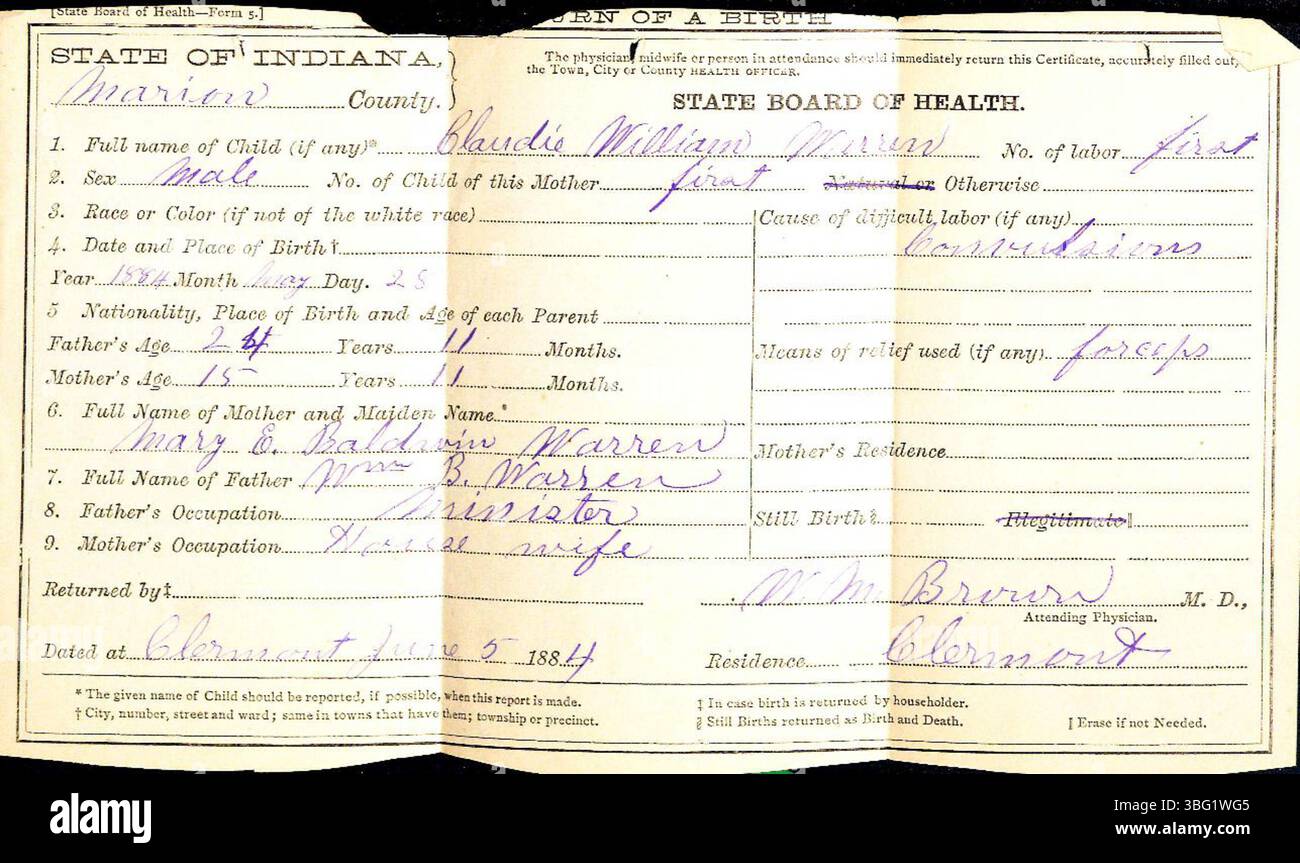 Cet enregistrement comprend les déclarations de naissance du comté de Marion, Indiana, déposées entre 1882 et 1907. Ces dossiers, soumis par des médecins et des sages-femmes, ont été utilisés pour délivrer des certificats de naissance une fois reçus par le Département de la santé du comté de Marion. Les registres de naissance étaient facultatifs jusqu'en 1907, et les déclarations sont triées alphabétiquement par nom de famille, bien que certains puissent être mal classés en raison de fautes d'écriture ou d'orthographe illisibles. Banque D'Images
