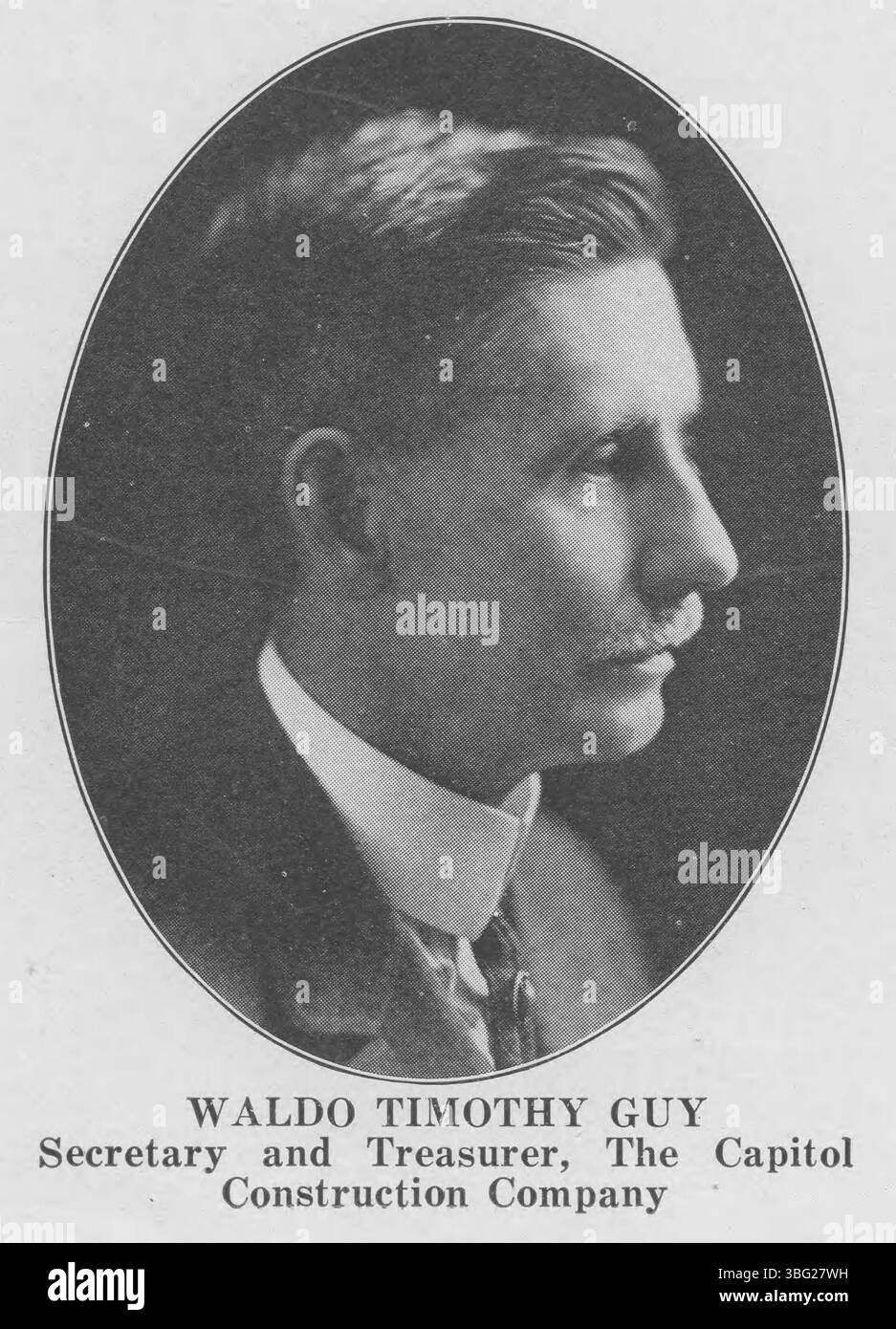 Waldo Timothy Guy (1858-1927) est né à Ninive, New York. Il est diplômé de l'Eastmans commercial College en 1878 et travaille comme ingénieur adjoint du comté dans le comté d'Union, Ohio. En 1886, il passe au secteur privé pour construire des ponts et devient plus tard secrétaire et trésorier de la Capitol construction Company. Banque D'Images