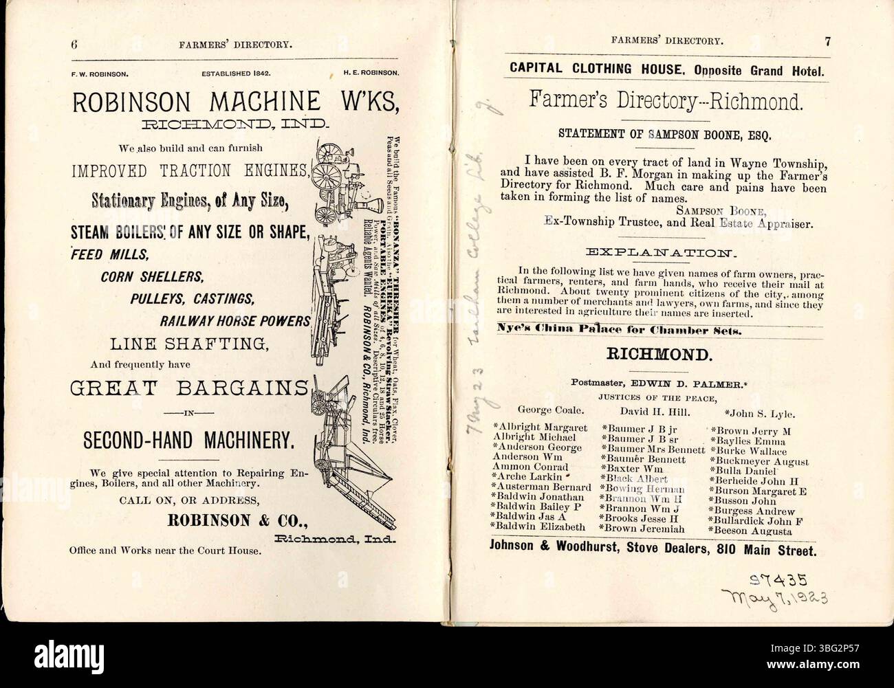 La page 5 du répertoire 1884 des agriculteurs du comté de Wayne comprend des listes agricoles, des biographies et des croquis de familles agricoles locales, ainsi que des répertoires de villages du comté de Wayne, Indiana, et du comté de Preble, Ohio. Banque D'Images