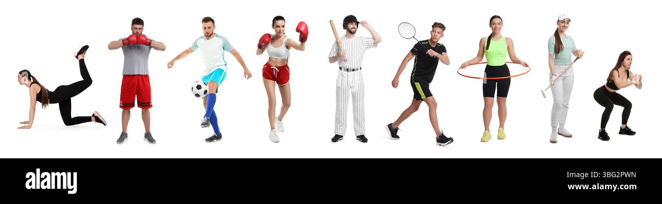 Les gens engagés dans différentes activités sportives sur fond blanc, collage Banque D'Images