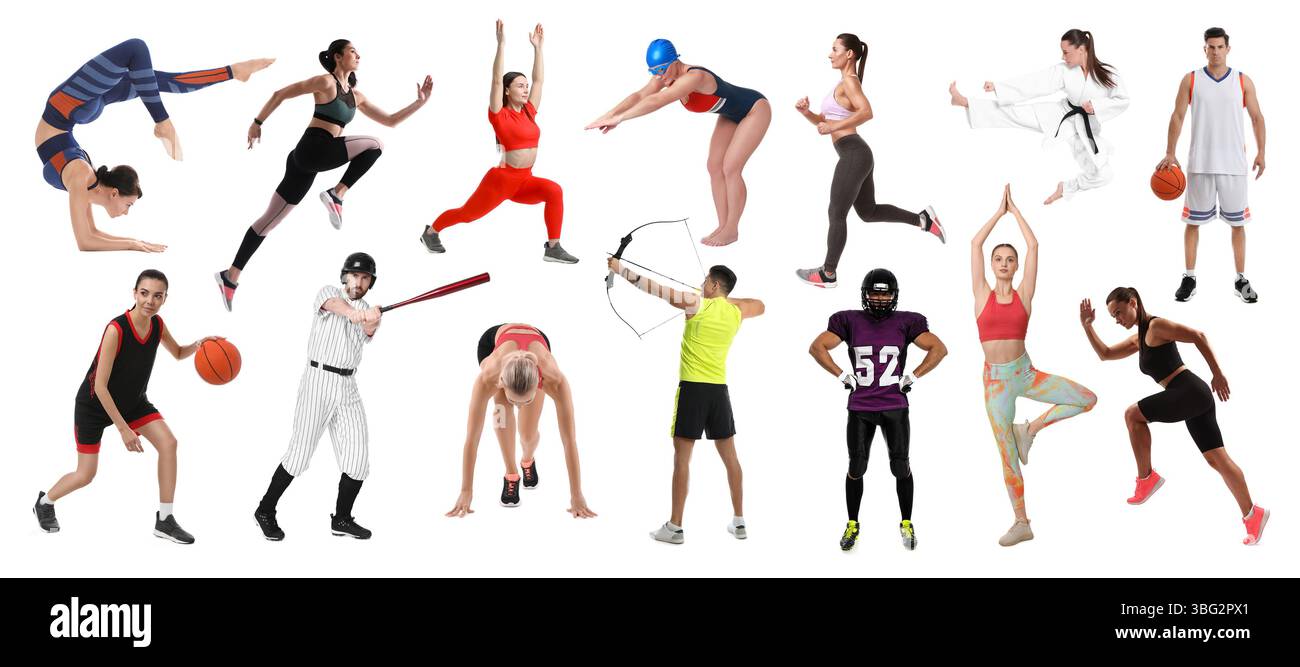 Les gens engagés dans différentes activités sportives sur fond blanc, collage Banque D'Images