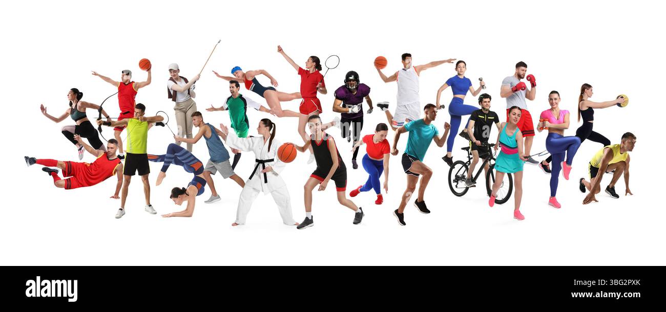 Les gens engagés dans différentes activités sportives sur fond blanc, collage Banque D'Images