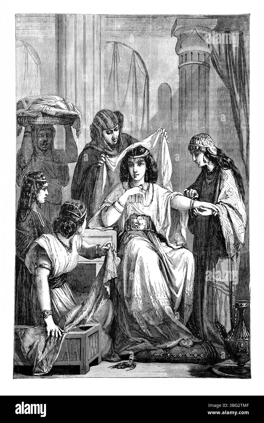 Illustration d'Une mariée féminine étant vêtue dans ses vêtements de mariage (Isaiah) de l'ancien 19ème siècle la Sainte Bible contenant l'ancien et le Nouveau test Banque D'Images