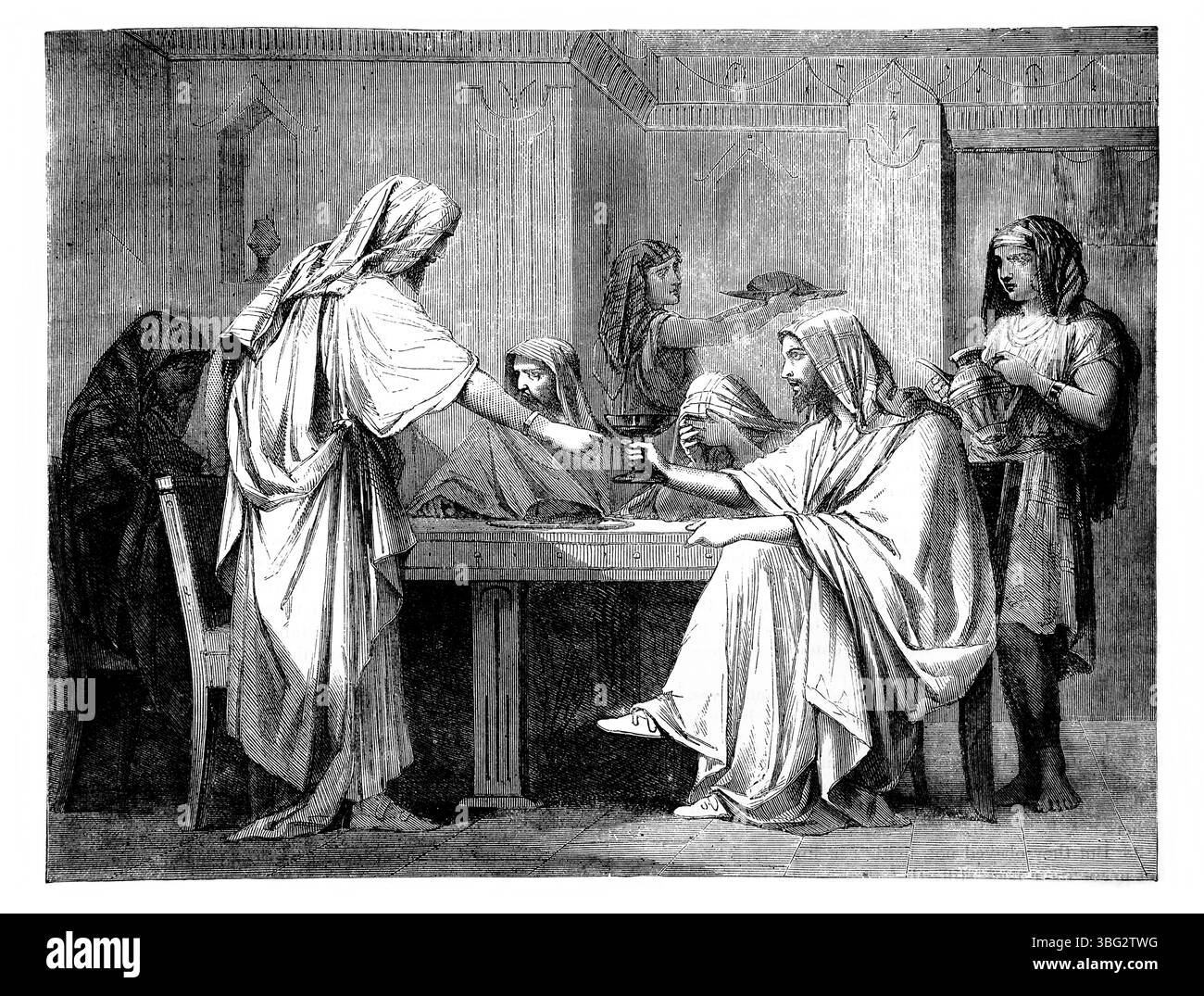 Illustration d'Une coupe de consolation donnée aux personnes en deuil lors d'une ancienne funéraille juive Jérémie XVL de l'Antiquité 19ème siècle la Sainte Bible contenant t Banque D'Images