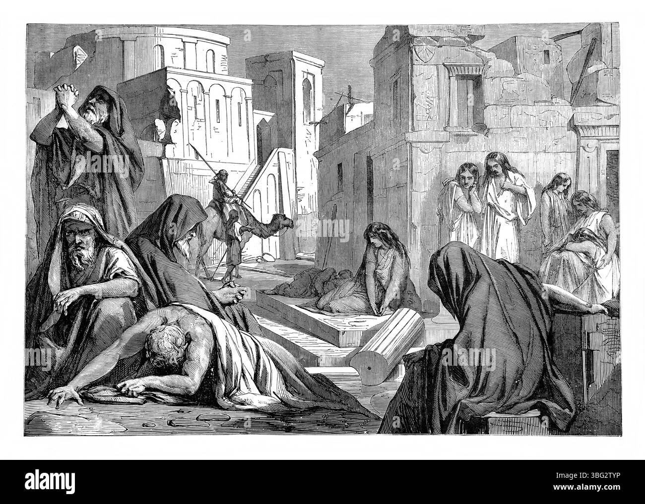 Illustration des anciens et des vierges de Jérusalem déplorant la désolation de la ville ( Lamentations II.10) de l'ancien XIXe siècle le Saint Banque D'Images