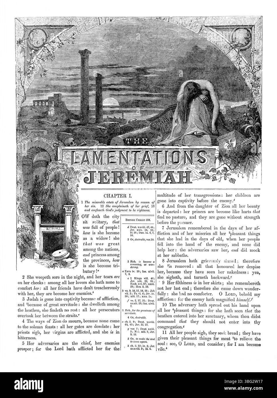 Page de titre des Lamentations de Jérémie de l'Antiquité 19ème siècle la Sainte Bible contenant l'ancien et le Nouveau Testament avec Notes explicatives, Refe Banque D'Images