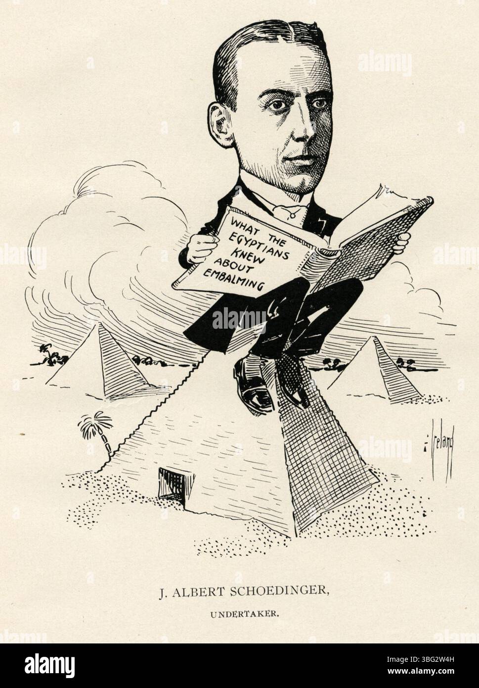 Une caricature de 1905 de J. Albert Schoedinger (1870-1932), un entrepreneur de la maison funéraire George J. Schoedinger and Brother. Il était marié à Alice Winifred Siebert et plus tard à Mary Wood. Banque D'Images