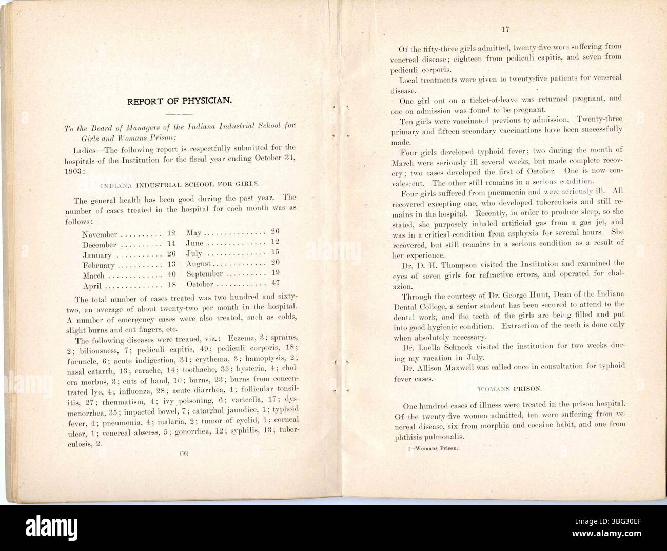 Le 32e rapport annuel de l'école industrielle pour filles et prison pour femmes de l'Indiana, présenté pour l'année se terminant le 31 octobre 1903, comprend un résumé des activités, des programmes éducatifs et de la gestion institutionnelle de la prison. Banque D'Images