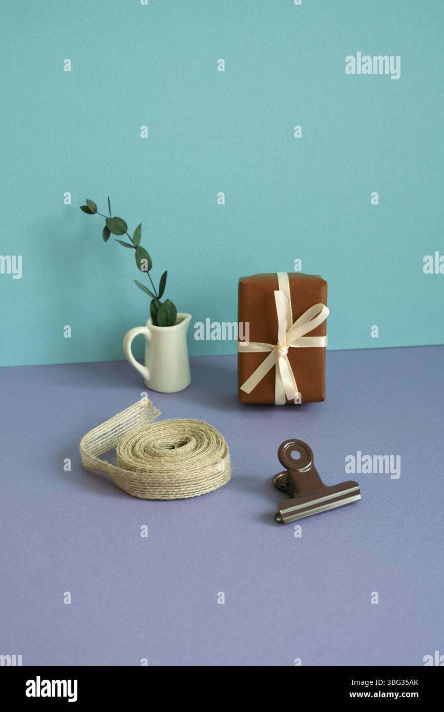 Boîte cadeau, rouleau de ruban, plante sur table mauve. Fond bleu Banque D'Images