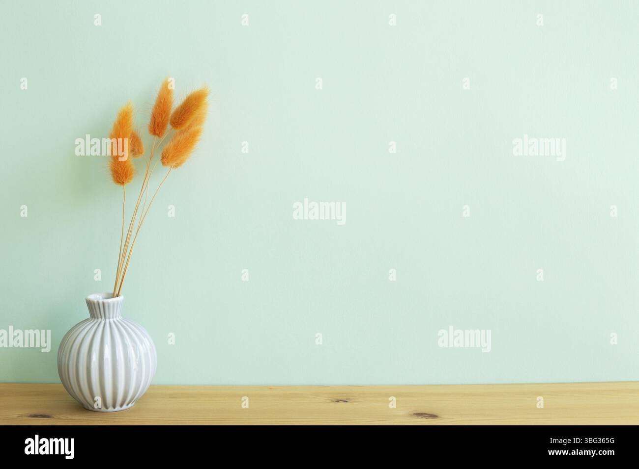 Vase d'orange lièvres queue herbe fleurs sèches sur table en bois. Fond de mur menthe. Espace de copie Banque D'Images