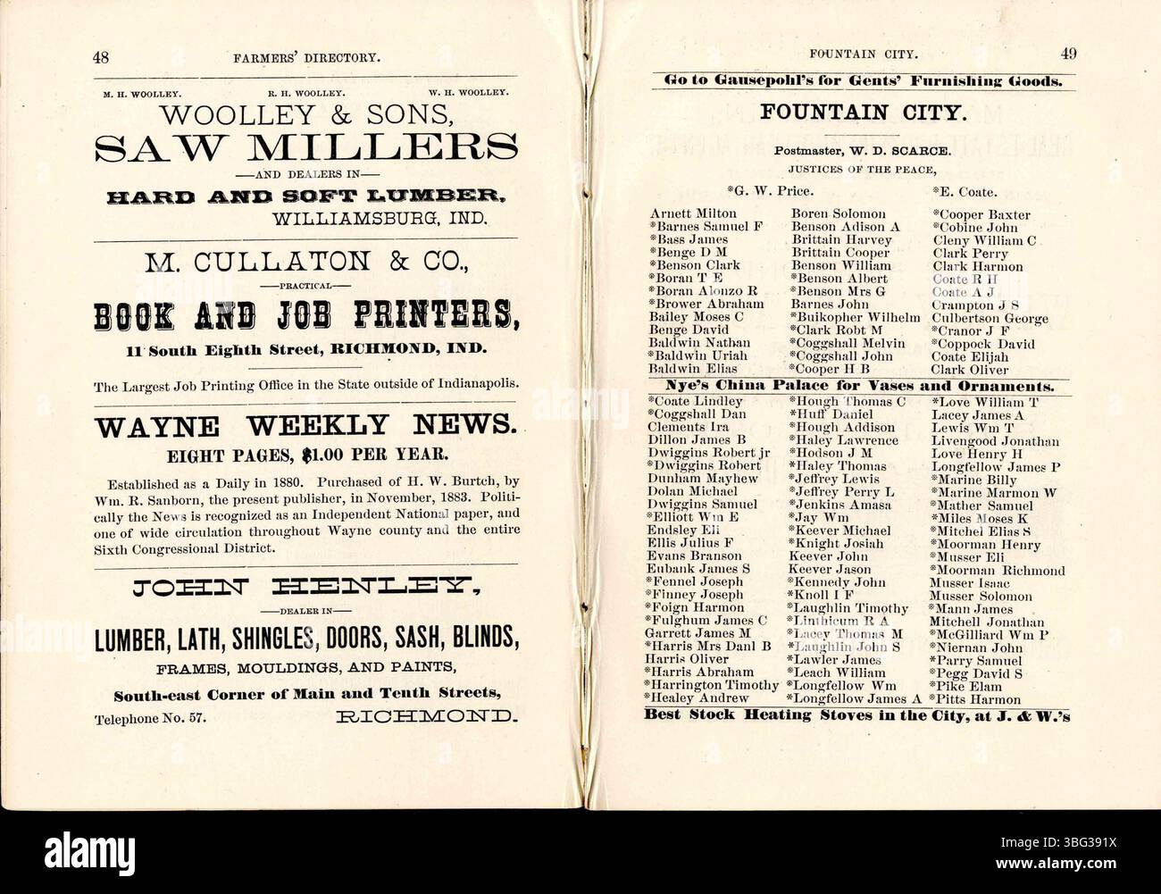 Page 26 du Wayne County Farmers Directory de 1884, qui documente les agriculteurs du comté de Wayne, Indiana, et du comté de Preble, Ohio, y compris les biographies, croquis et répertoires des villes locales. Banque D'Images