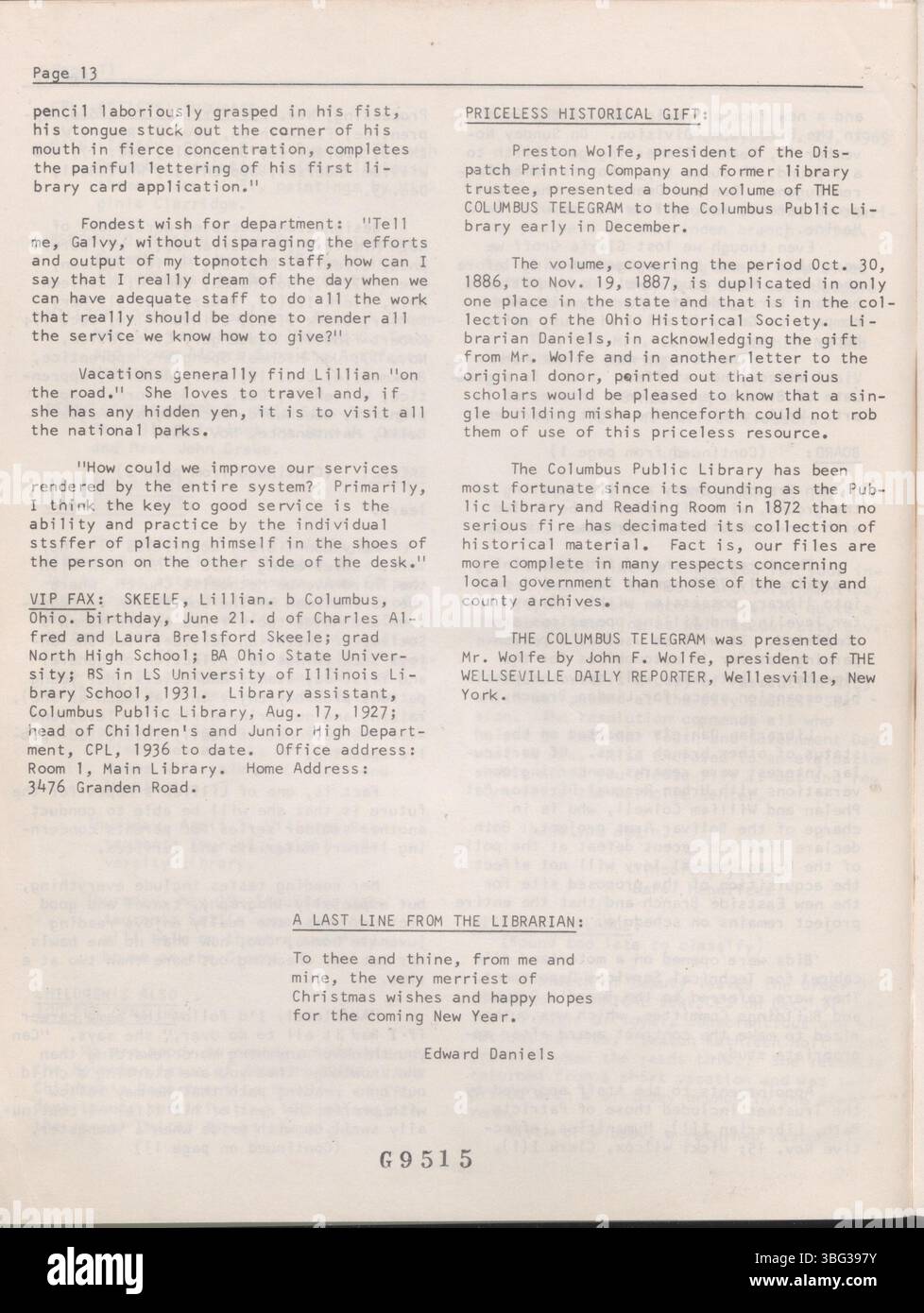 Cette édition du 14 décembre 1965 de Bookery Briefs comprend des mises à jour des employés et des nouvelles importantes pour le personnel de la Bibliothèque métropolitaine de Columbus. La publication couvre les opérations de la bibliothèque, les activités du personnel et les événements à venir. Banque D'Images