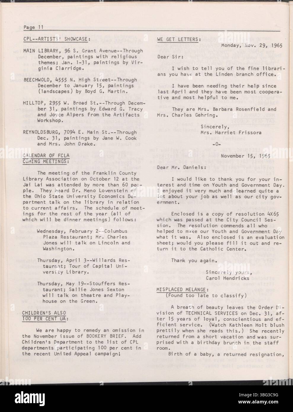 Une édition de Bookery Briefs du 14 décembre 1965, qui fournit des mises à jour sur les activités du personnel, les programmes de bibliothèque et les développements institutionnels à la Bibliothèque métropolitaine de Columbus. Banque D'Images