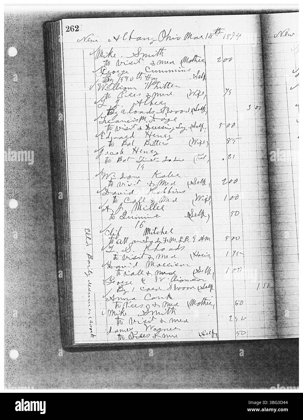 Cette page du livre journalier du Dr Sylvester William Ranney enregistre des entrées de 1875 à 1878, documentant sa pratique médicale. Ranney, né dans le comté de Franklin, Ohio, a été formé au Starling Medical College. Sa pratique s'étend sur plusieurs comtés de l'Ohio, et il sert comme médecin pendant la guerre de Sécession. Le livre a été numérisé et indexé par la Franklin County Genealogical & Historical Society. Banque D'Images