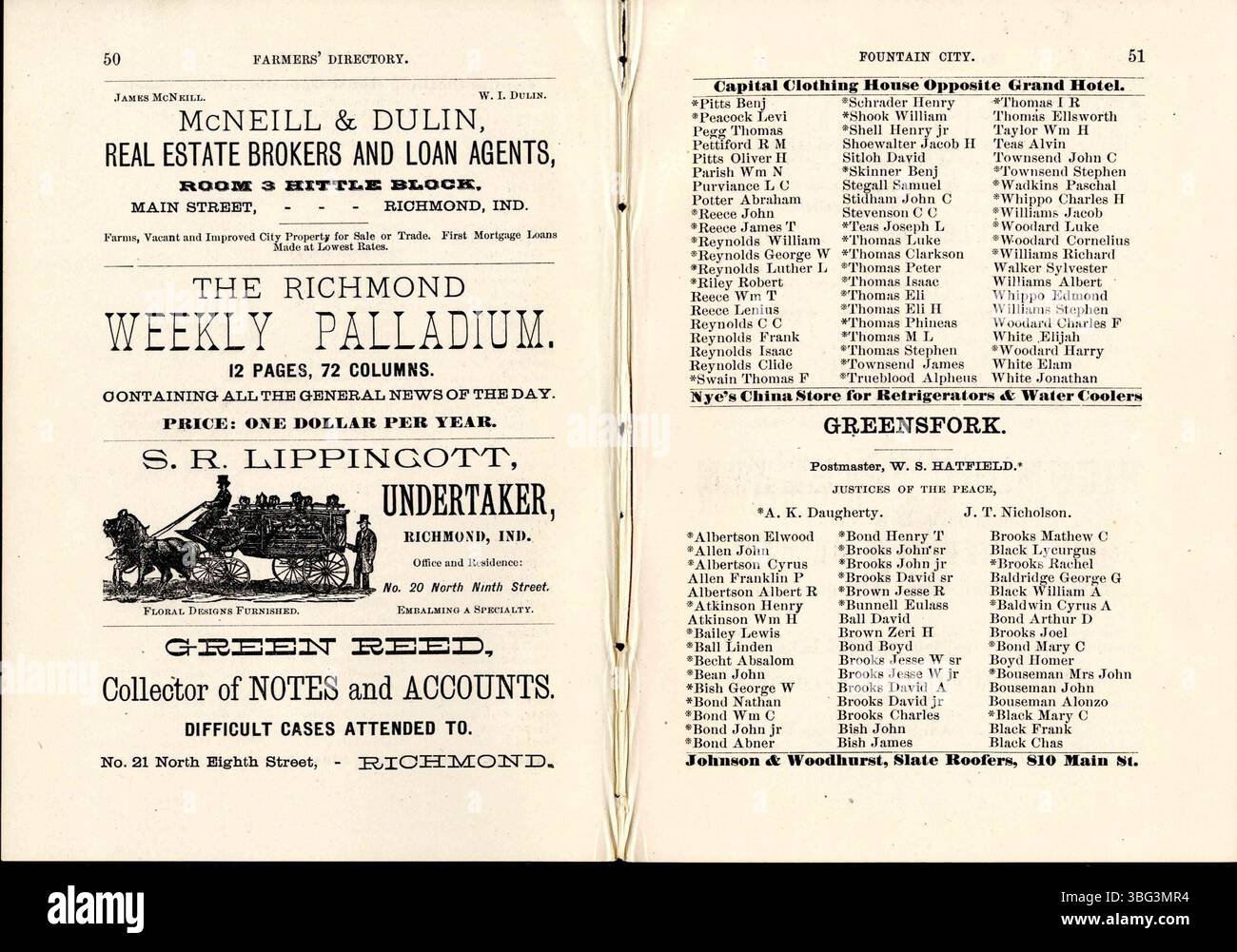 Page 27 du Wayne County Farmers Directory de 1884, offrant une liste complète des agriculteurs du comté de Wayne, Indiana, et du comté de Preble, Ohio, avec des biographies et des répertoires de villes. Banque D'Images