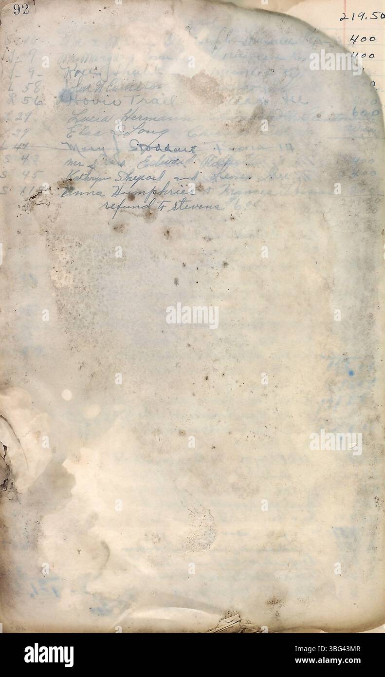 La page 24 du grand livre de l'hôtel Camp Chesterfield fournit des détails sur les transactions des clients, documentant les attributions de chambres, les montants des paiements et les dates des séjours au début des années 1950 Banque D'Images