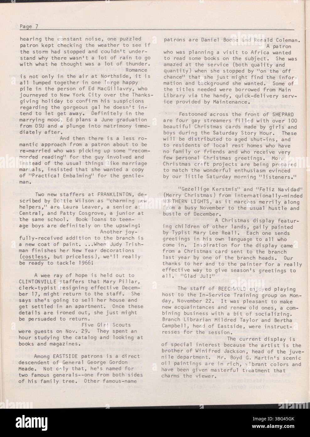 Cette page de Bookery Briefs de décembre 1965 met en lumière les initiatives, les programmes et les nouvelles du personnel de la bibliothèque métropolitaine de Columbus, en fournissant une mise à jour aux employés et aux intervenants. Banque D'Images
