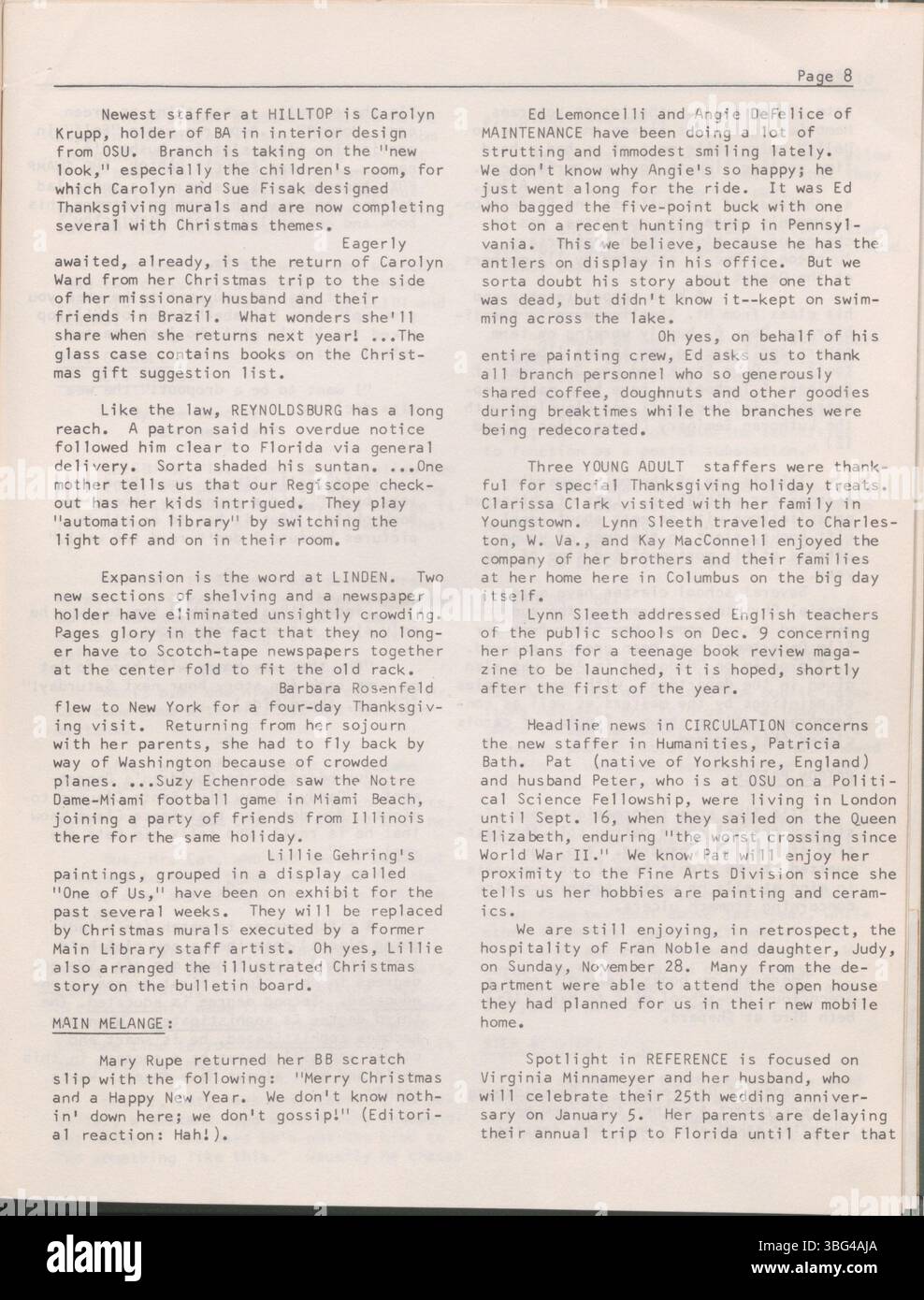 Ce numéro de décembre 1965 de Bookery Briefs, un bulletin d'information destiné aux employés, traite des mises à jour sur les programmes de la bibliothèque, les initiatives du personnel et les événements institutionnels à la Bibliothèque métropolitaine de Columbus. Banque D'Images