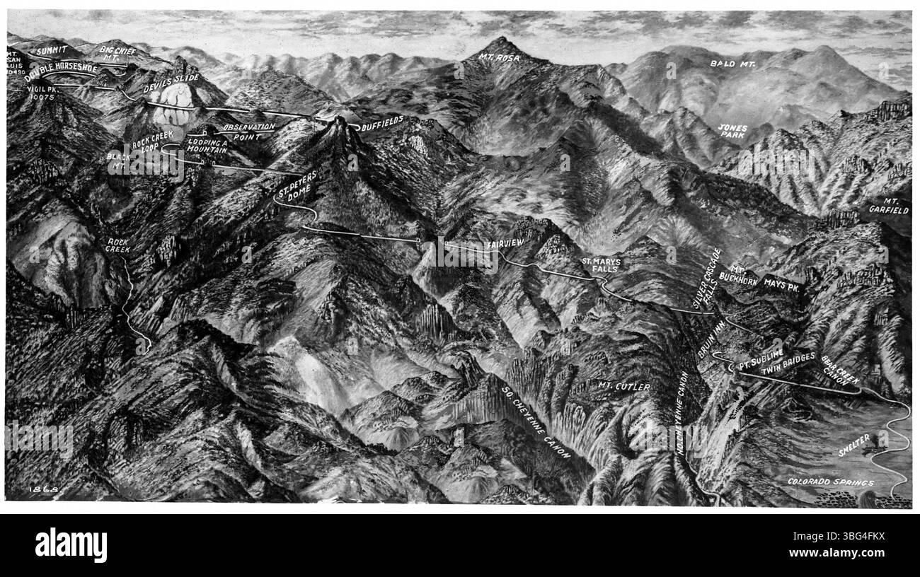 Cette carte en relief illustrée montre la ligne de chemin de fer Colorado Springs and Cripple Creek District qui traverse les montagnes Rocheuses, mettant en évidence les principales caractéristiques géographiques et villes le long de la route. Banque D'Images